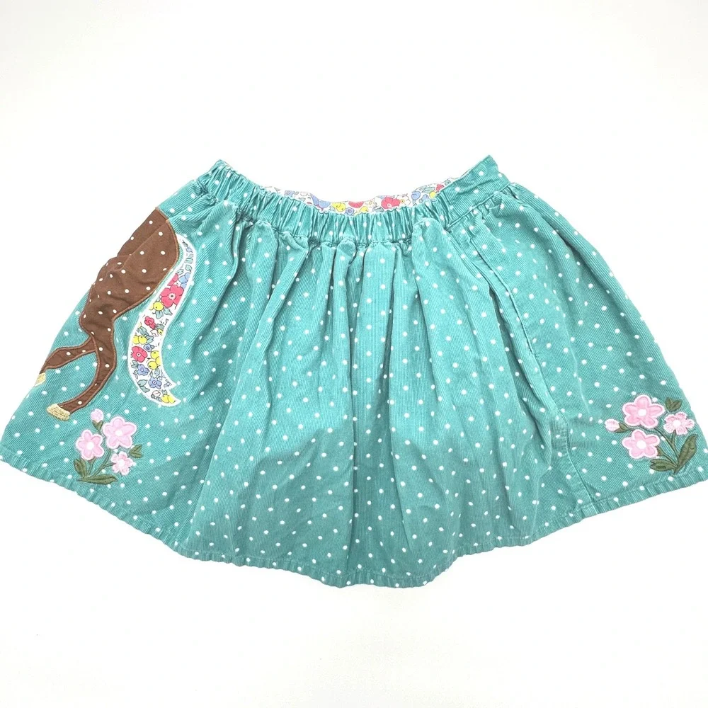 Mini Boden Girls Teal Corduroy Polka Dot Horse Bunny Embroidered Skirt 7-8Y